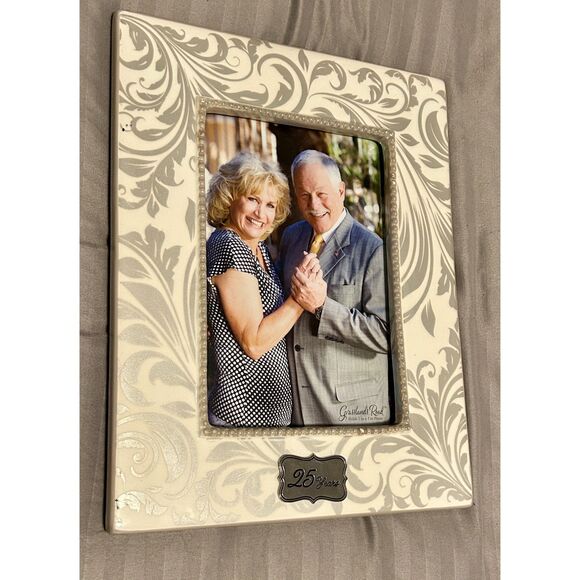 NEW Grasslands Road Ceramic "Our 25th" Years Photo Frame Size 5x7 Scroll Pattern - Picture 1 of 5